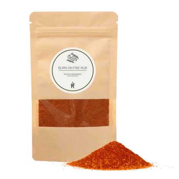 Das Bild zeigt einen Haufen Burn on FIre Rub vor einer Verpackung.