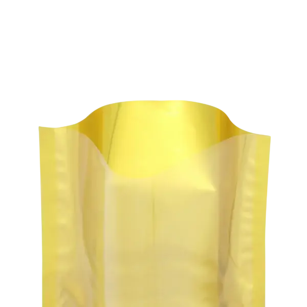 Auf dem Bild sieht man den Anschnitt eines Vakuumbeutels in Gold auf transparentem Hintergrund.