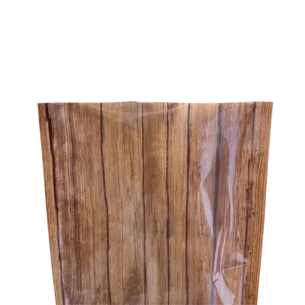 Das Bild zeigt einen glatten Vakuumbeutel 90my mit Holzoptik auf transparentem Hintergrund.